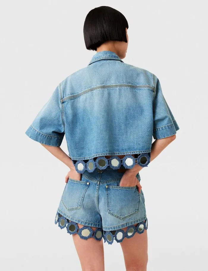 Women Mirror Crochet Boxy Shirt Light Blue Vintage Denim Stella McCartney Shirts And Tops