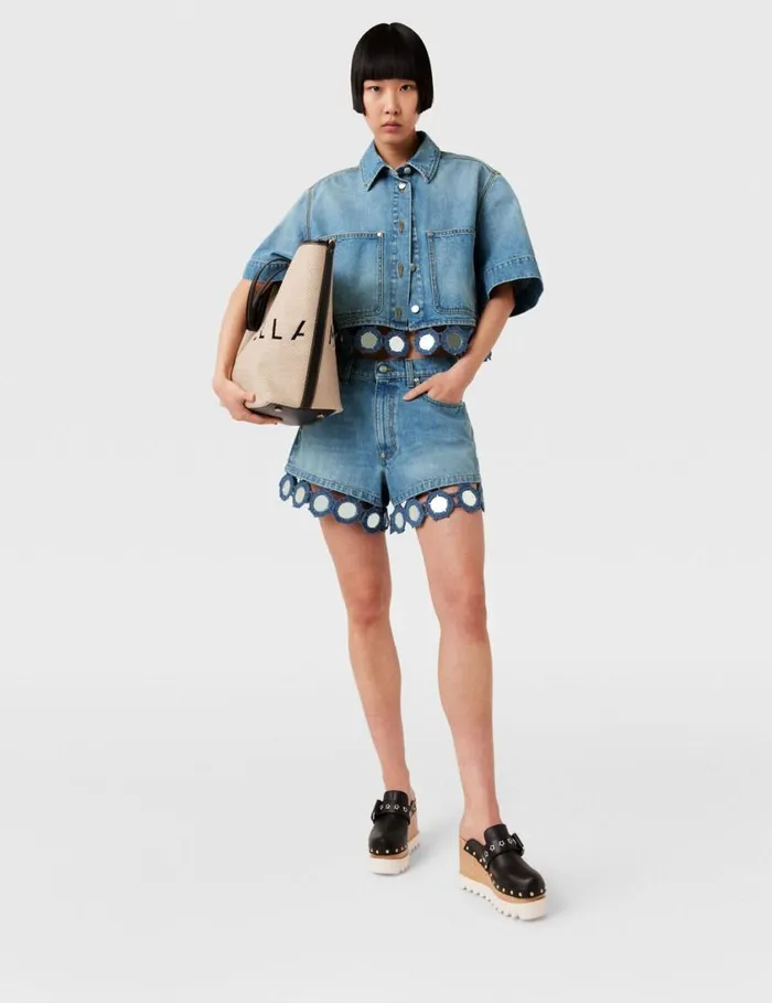 Women Mirror Crochet Boxy Shirt Light Blue Vintage Denim Stella McCartney Shirts And Tops
