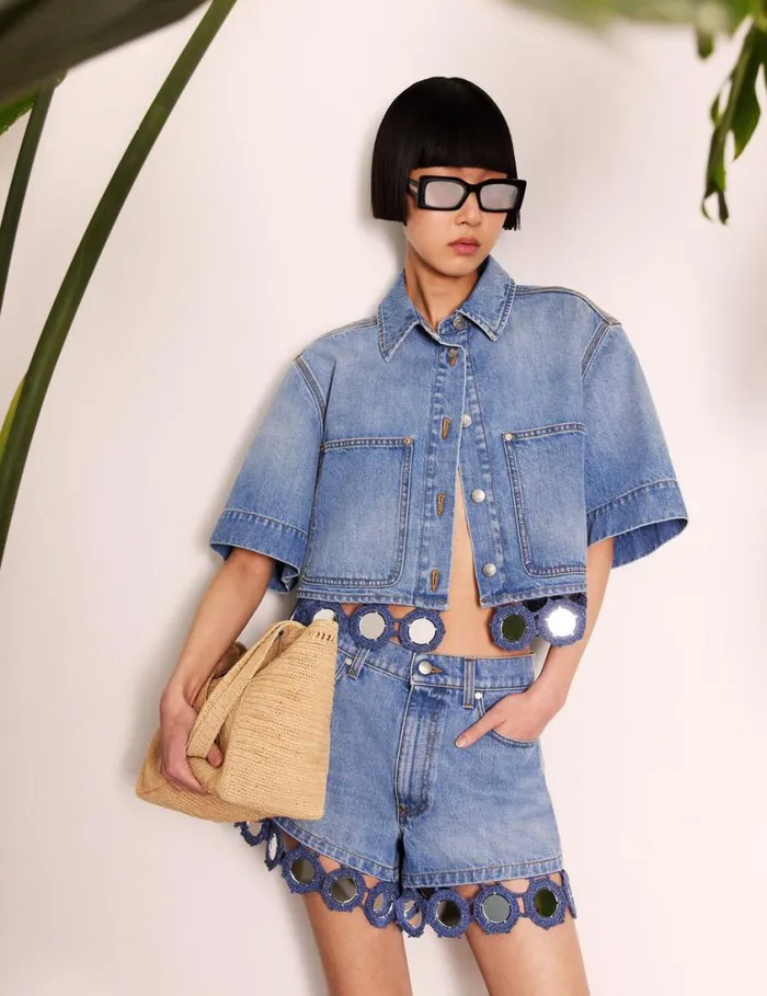 Women Mirror Crochet Boxy Shirt Light Blue Vintage Denim Stella McCartney Shirts And Tops