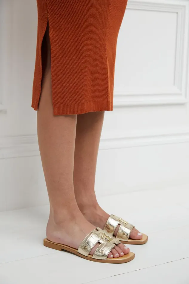 Women Monogram Slides Gold Croc Holland Cooper Sandals and Slides