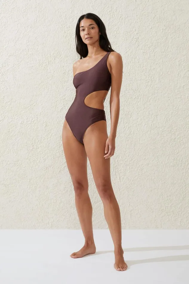 Women One Piece Swimsuits Cotton On One Shoulder Cut Out One Piece Cheeky Willow Brown Shimmer