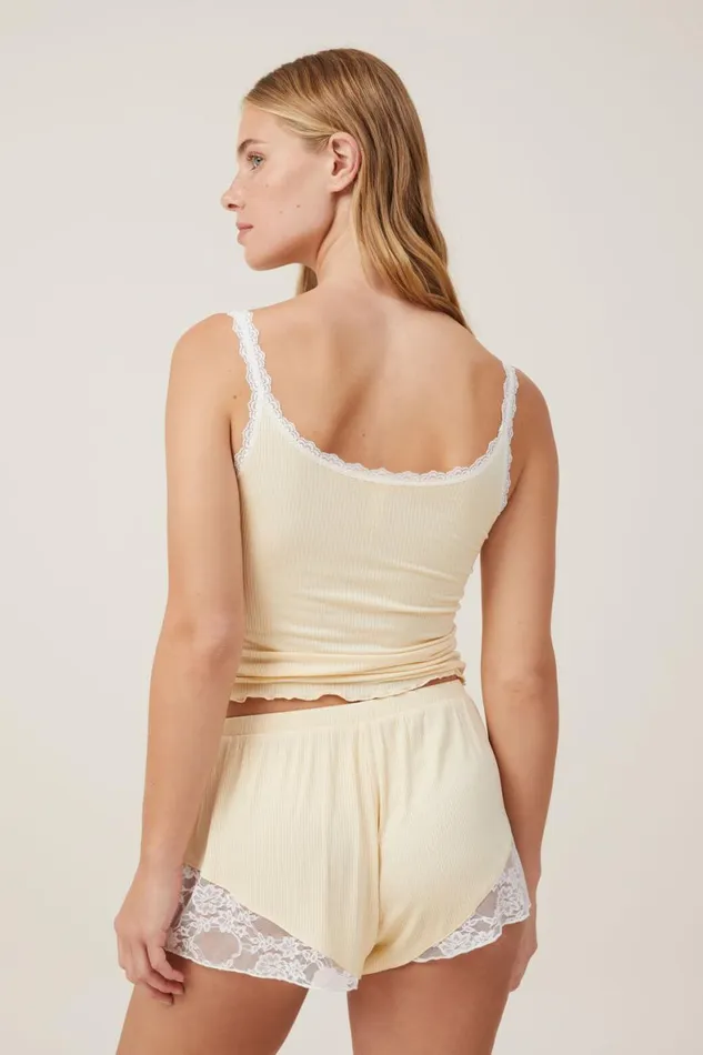 Women Pajamas Cotton On Lacey Rib Short Panna Cotta White