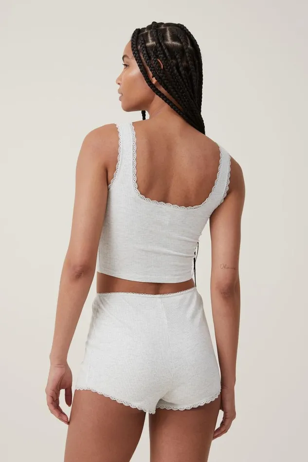 Women Pajamas Cotton On Rib Lace Short Light Grey Marle
