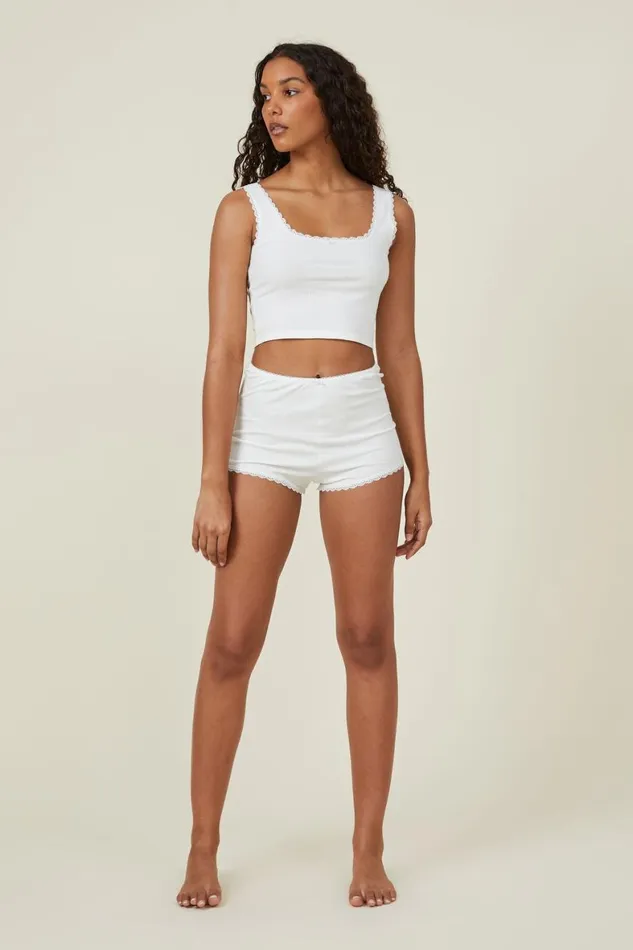 Women Pajamas Cotton On Rib Lace Short White