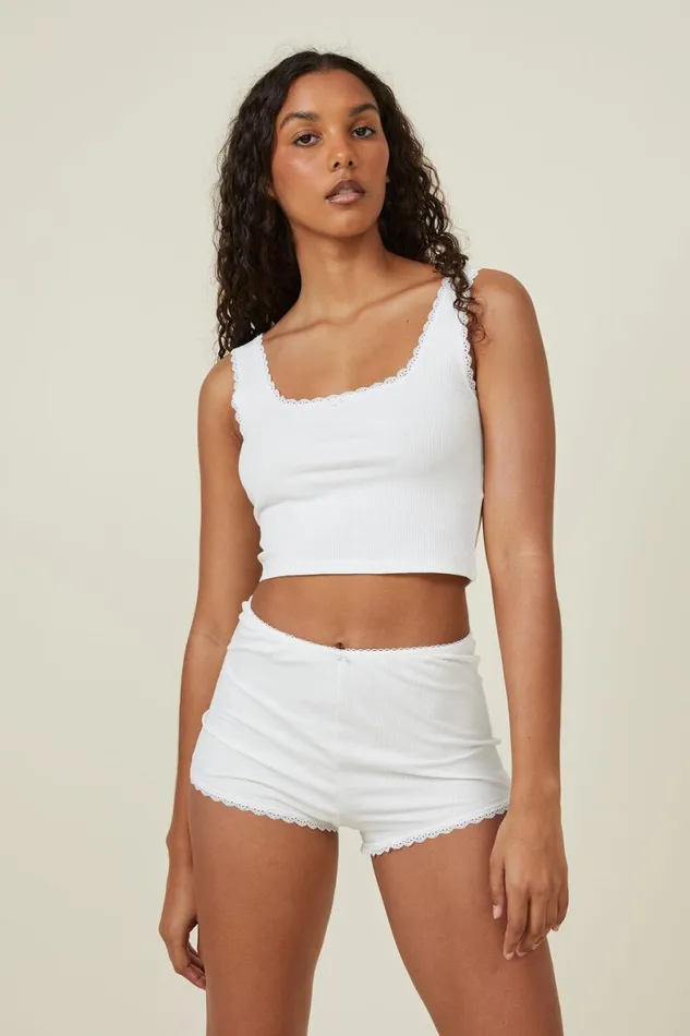 Women Pajamas Cotton On Rib Lace Short White