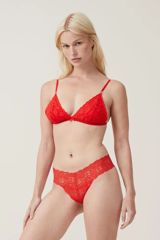 Women Panties Cotton On Everyday Lace Thong Brief Crimson Red