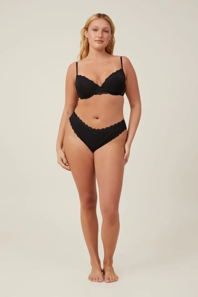 Women Panties Cotton On Organic Cotton Lace Cheeky Brief Black Pointelle
