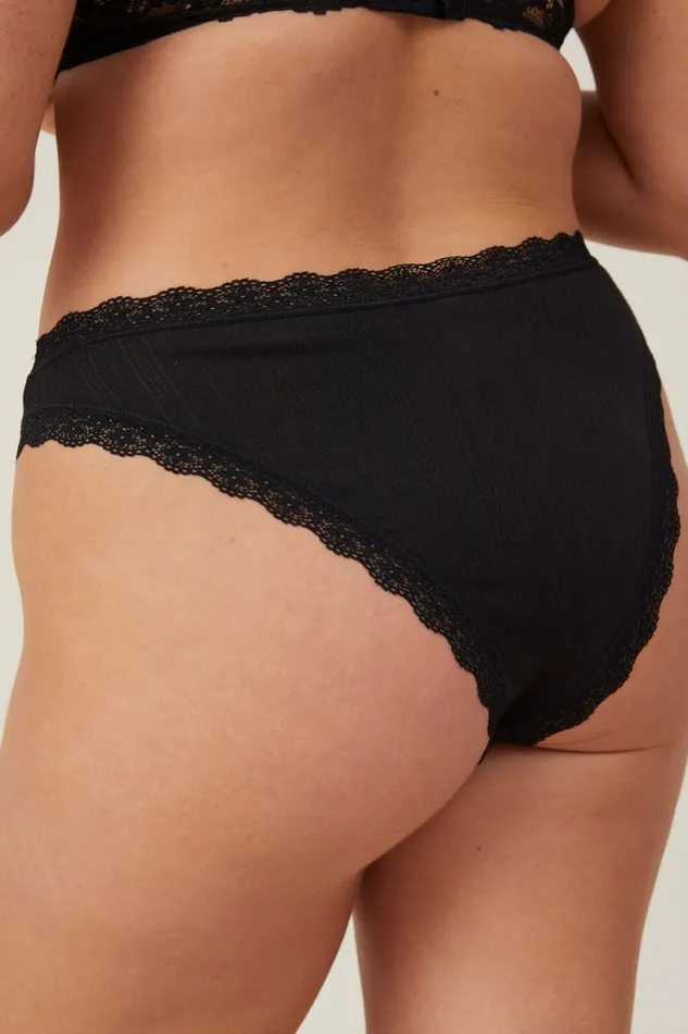 Women Panties Cotton On Organic Cotton Lace Cheeky Brief Black Pointelle