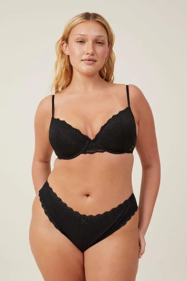 Women Panties Cotton On Organic Cotton Lace Cheeky Brief Black Pointelle