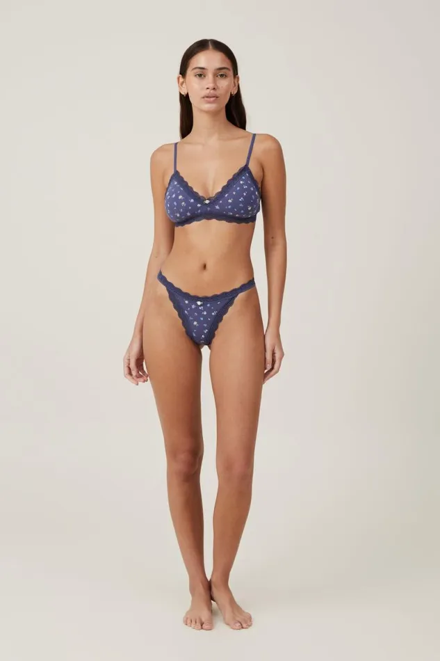Women Panties Cotton On Organic Cotton Lace Thong Brief Hazel Ditsy Navy Pointelle