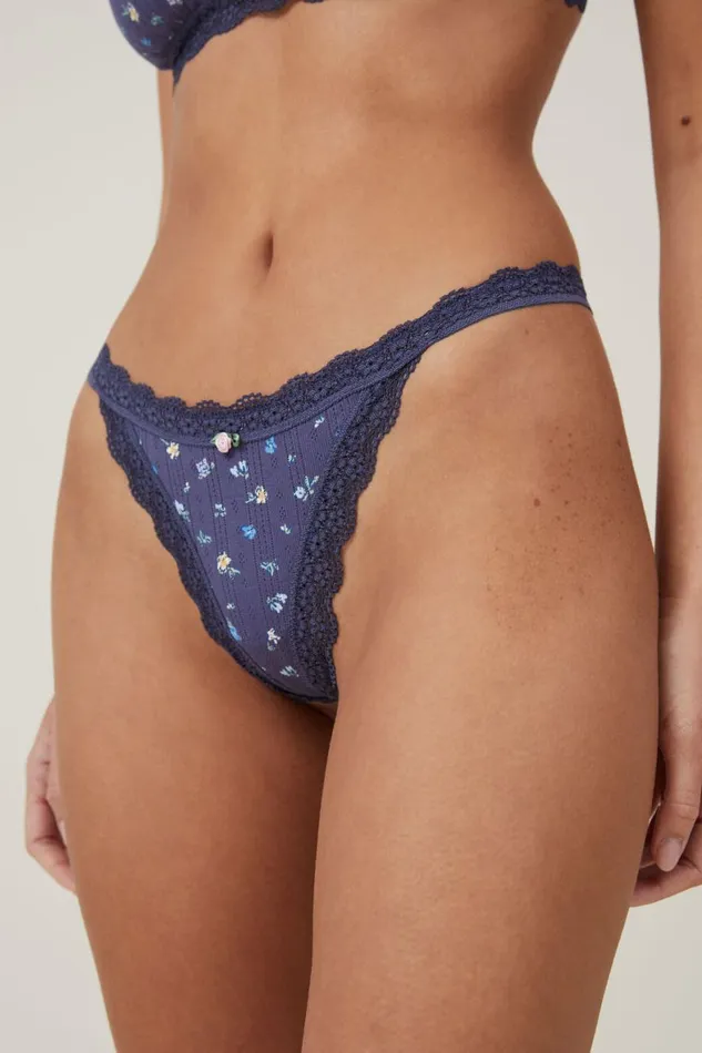 Women Panties Cotton On Organic Cotton Lace Thong Brief Hazel Ditsy Navy Pointelle