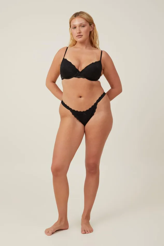 Women Panties Cotton On Organic Cotton Rib Thong Black Pointelle