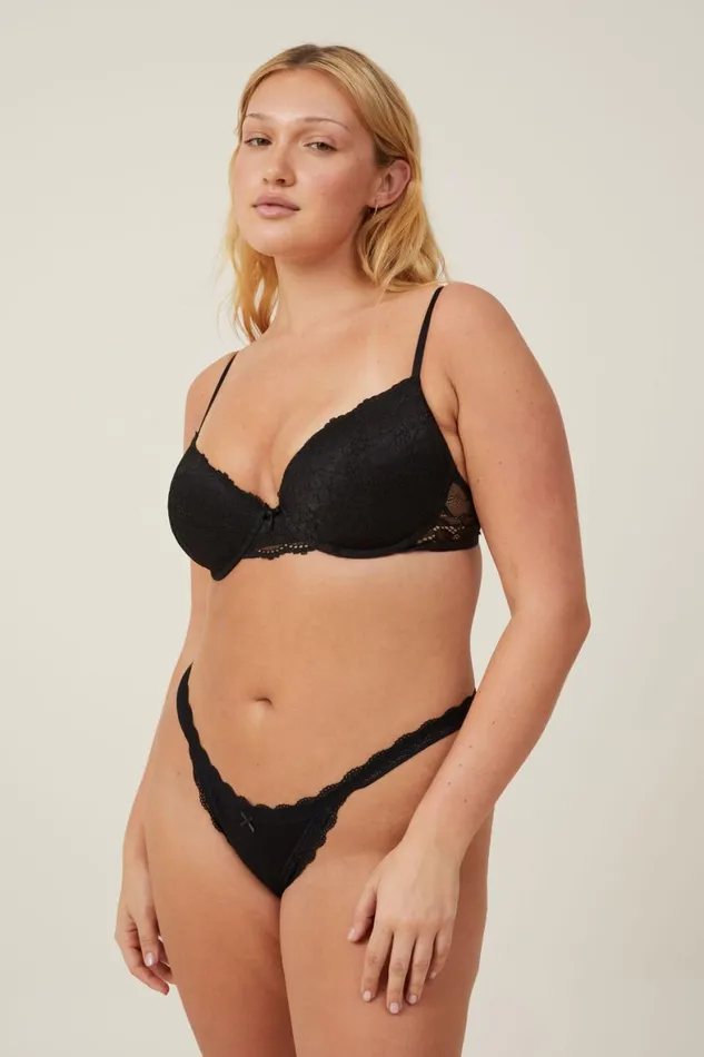 Women Panties Cotton On Organic Cotton Rib Thong Black Pointelle