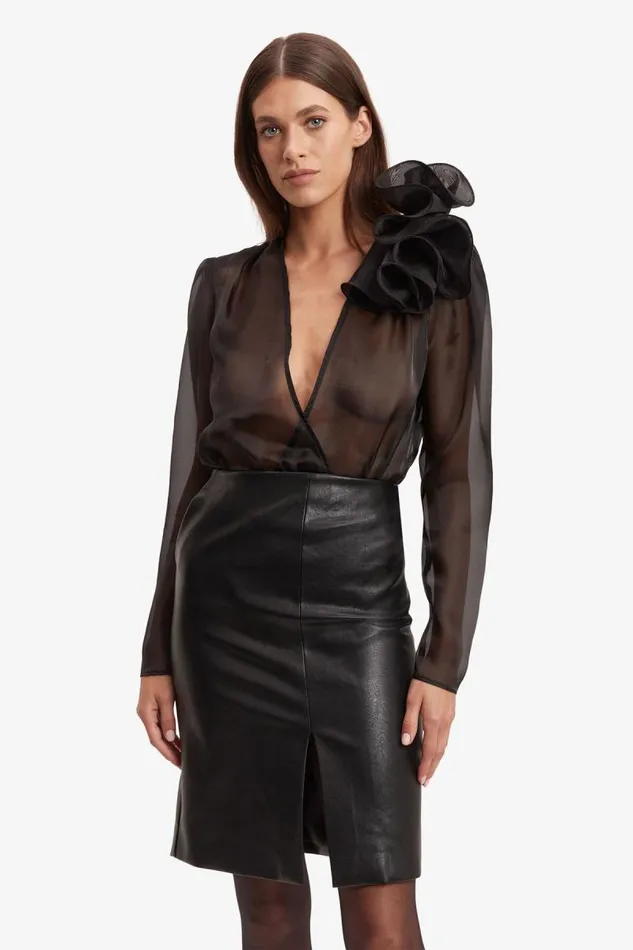 Women Party Tops Bardot Galia Organza Wrap Bodysuit In Black Black Women Party Tops Bardot Galia Organza Wrap Bodysuit In Black Black