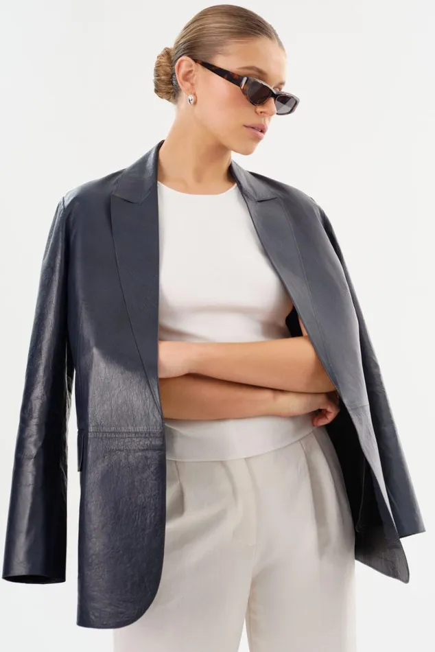 Women QUIRINA Leather Blazer Navy LAMARQUE Blazers