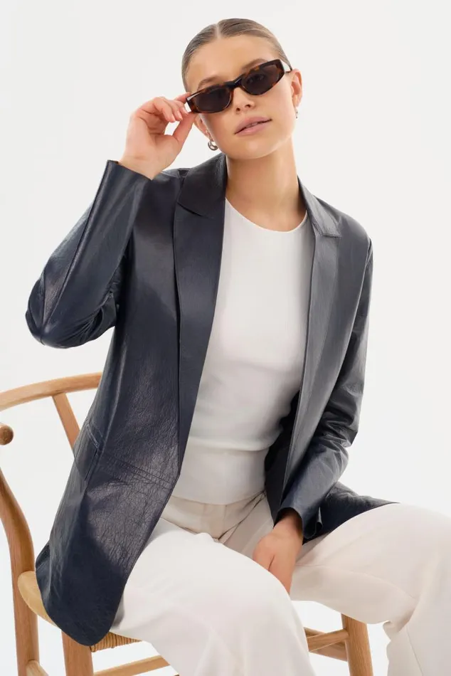 Women QUIRINA Leather Blazer Navy LAMARQUE Blazers