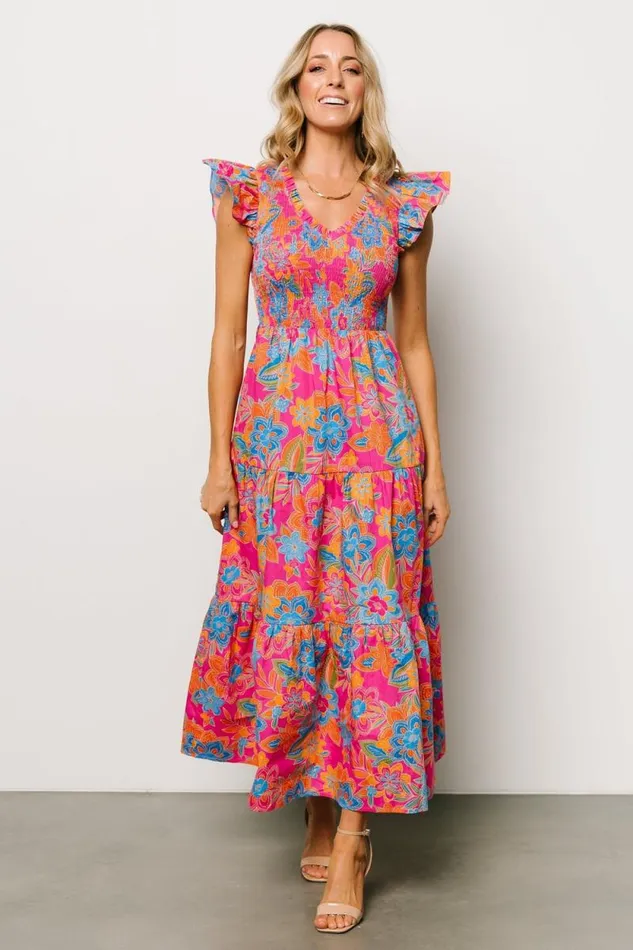 Women Ranchero Smocked Maxi Dress Pink Multi Baltic Born Maxi Dresses