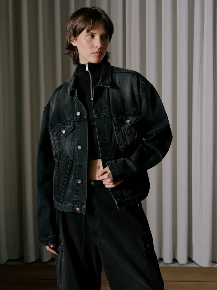 Women Rhude Outerwear OVERSIZED DENIM TRUCKER JACKET Black