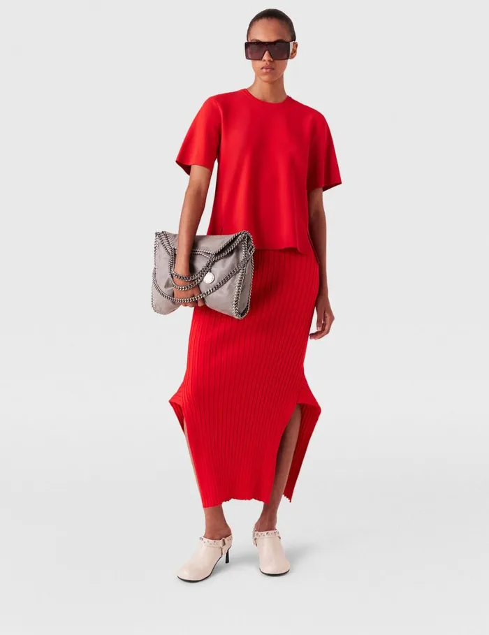 Women Ribbed Flared Slit Midi Skirt Lipstick Red Stella McCartney Skirts
