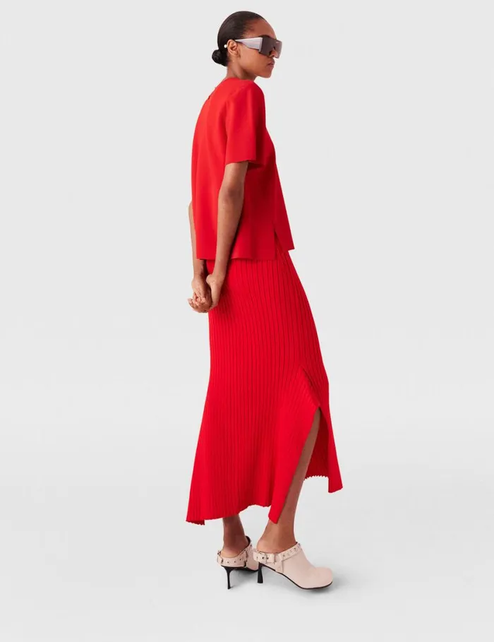 Women Ribbed Flared Slit Midi Skirt Lipstick Red Stella McCartney Skirts
