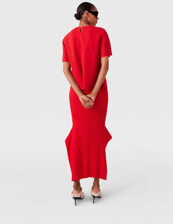 Women Ribbed Flared Slit Midi Skirt Lipstick Red Stella McCartney Skirts