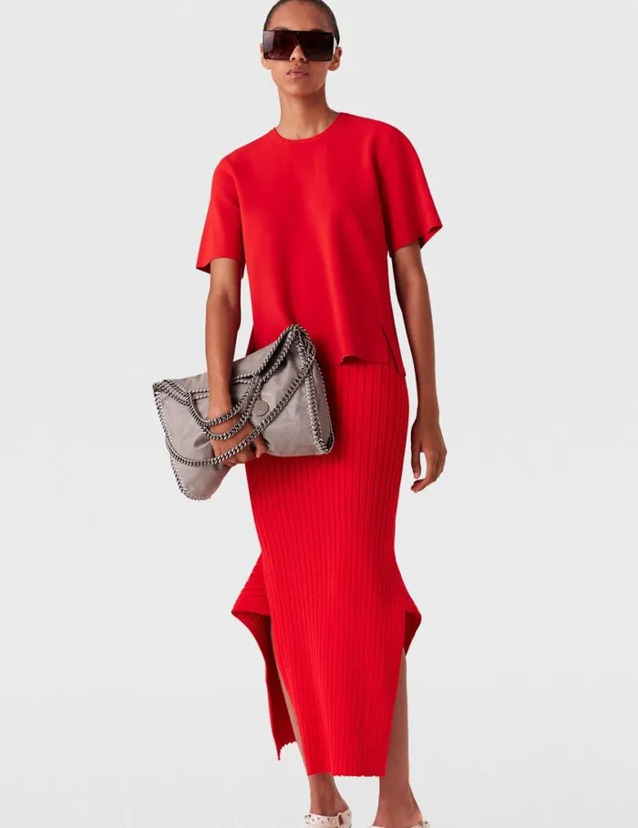 Women Ribbed Flared Slit Midi Skirt Lipstick Red Stella McCartney Skirts