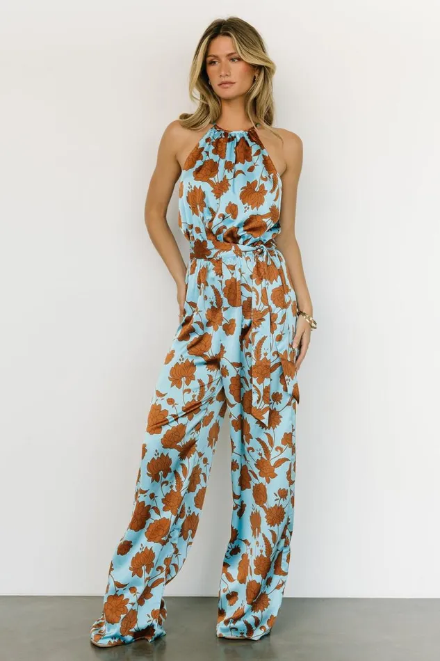 Women Ruby Satin Jumpsuit Blue Copper Print Baltic Born Jumpsuits and Rompers