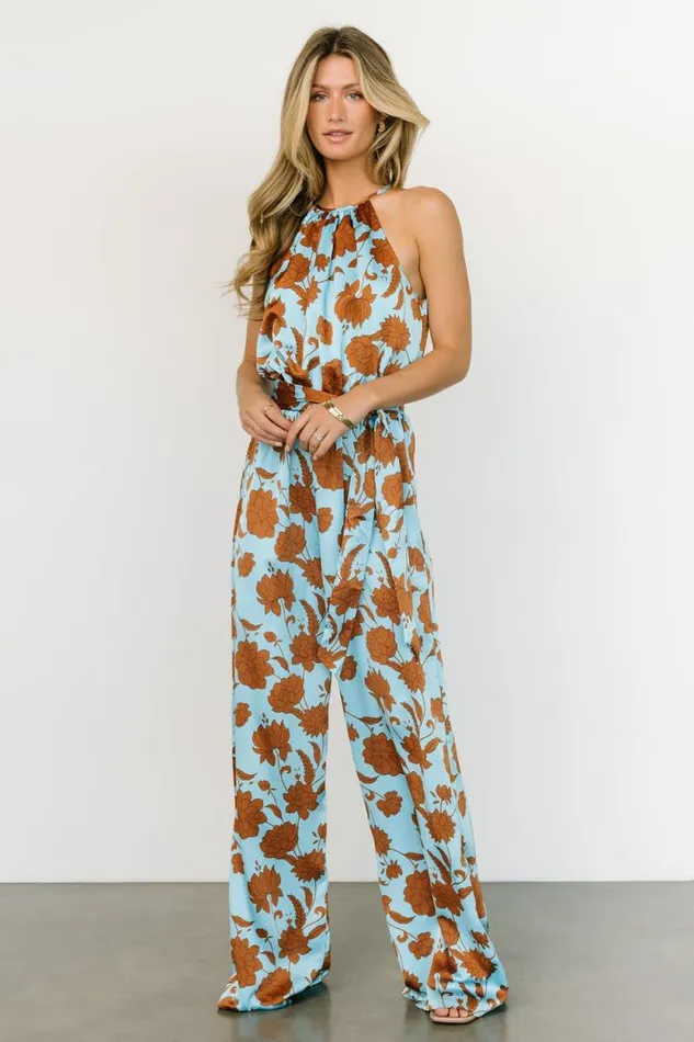 Women Ruby Satin Jumpsuit Blue Copper Print Baltic Born Jumpsuits and Rompers