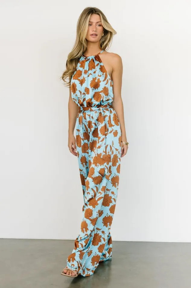 Women Ruby Satin Jumpsuit Blue Copper Print Baltic Born Jumpsuits and Rompers