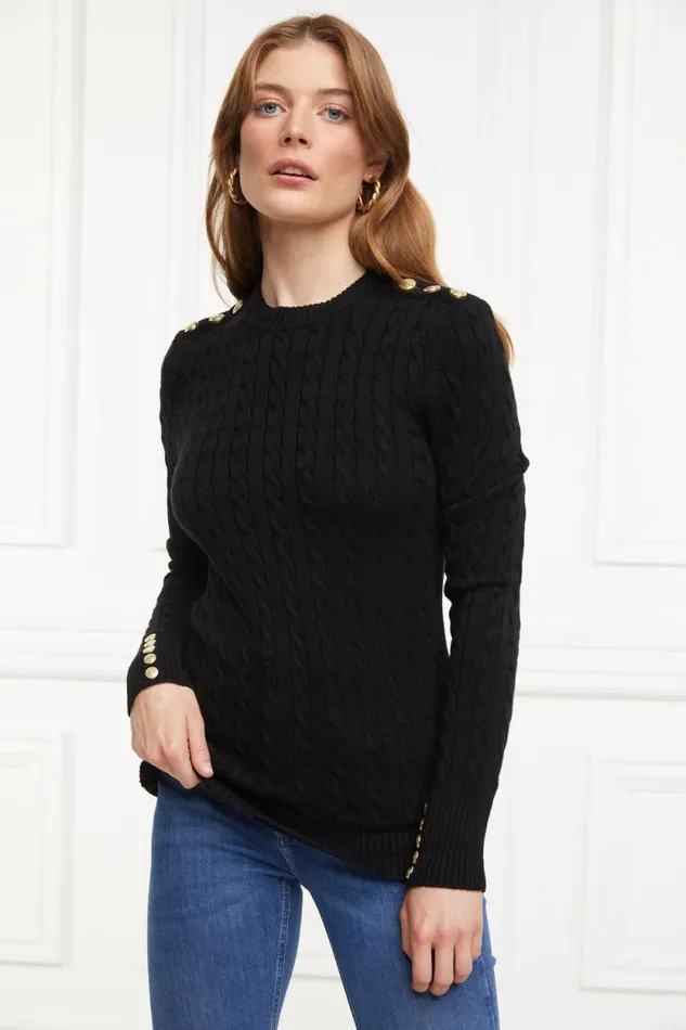 Women Seattle Cable Crew Knit Black Holland Cooper Knitwear