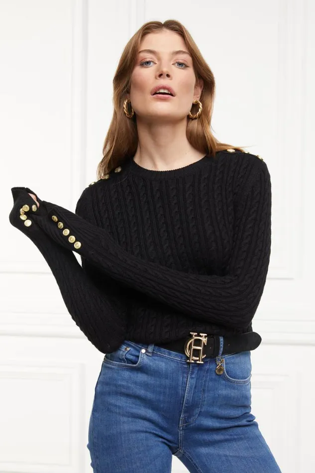 Women Seattle Cable Crew Knit Black Holland Cooper Knitwear