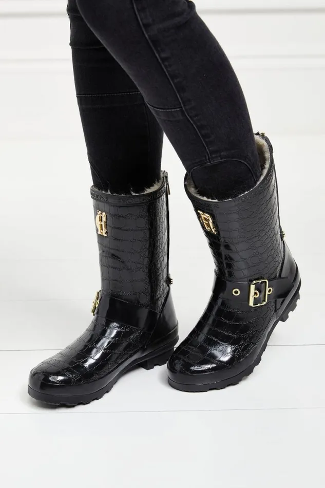 Women Sherpa Lined Chelsea Wellington Black Croc Holland Cooper Wellington Boots