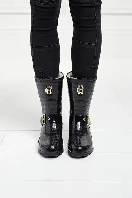 Women Sherpa Lined Chelsea Wellington Black Croc Holland Cooper Wellington Boots