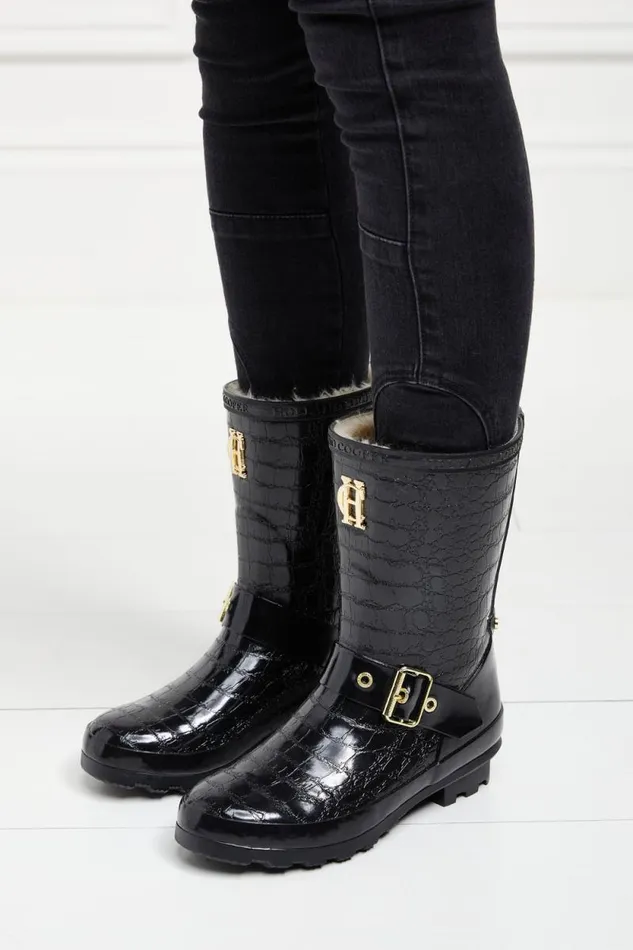 Women Sherpa Lined Chelsea Wellington Black Croc Holland Cooper Wellington Boots