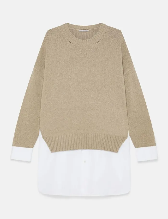 Women Shirting Details Long Sleeve Sweater Sandy Beige Stella McCartney Knitwear