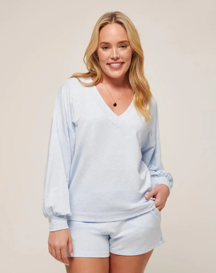Women Shirts and Tops TravisMathew CLOUD TERRY VNECK TOP Heather Kentucky Blue