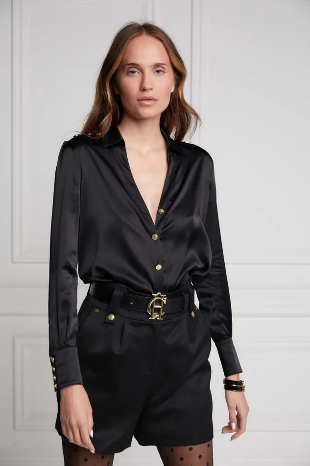 Women Silk VNeck Blouse Black Holland Cooper Shirts and Blouses