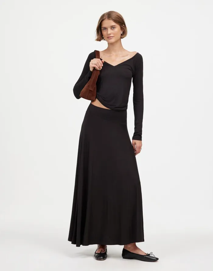 Women Skirts Madewell Jersey AsymmetricSeam Midi Skirt Jet Black