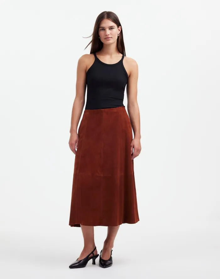 Women Skirts Madewell Suede Seamed Midi Skirt Soft Mahogany
