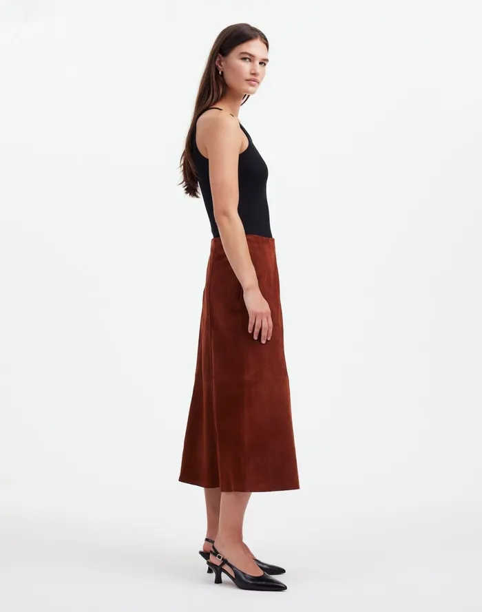 Women Skirts Madewell Suede Seamed Midi Skirt Soft Mahogany