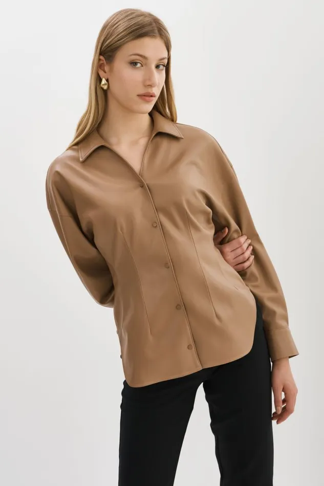 Women SKYLAR Faux Leather Shirt Mocha LAMARQUE Tops Women SKYLAR Faux Leather Shirt Mocha LAMARQUE Tops