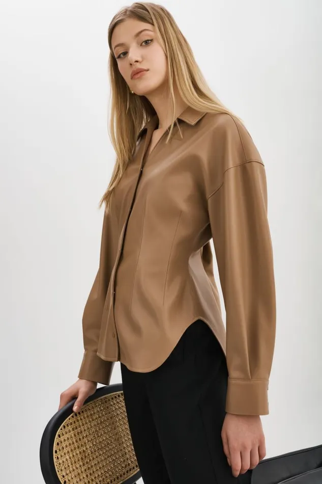 Women SKYLAR Faux Leather Shirt Mocha LAMARQUE Tops Women SKYLAR Faux Leather Shirt Mocha LAMARQUE Tops