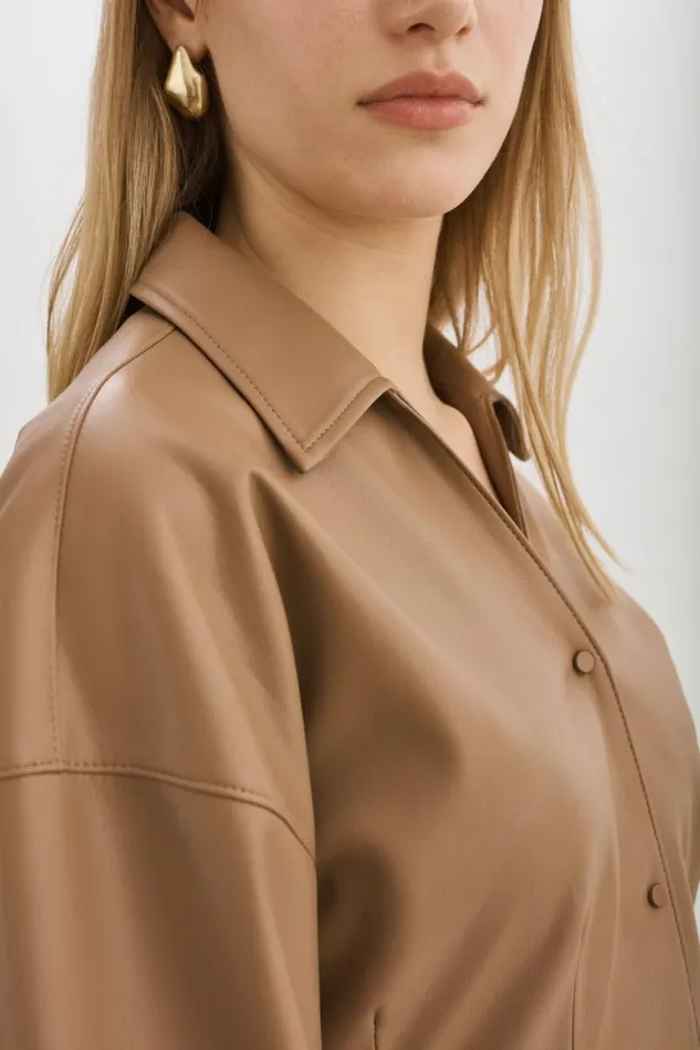 Women SKYLAR Faux Leather Shirt Mocha LAMARQUE Tops Women SKYLAR Faux Leather Shirt Mocha LAMARQUE Tops