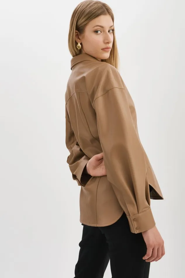 Women SKYLAR Faux Leather Shirt Mocha LAMARQUE Tops Women SKYLAR Faux Leather Shirt Mocha LAMARQUE Tops