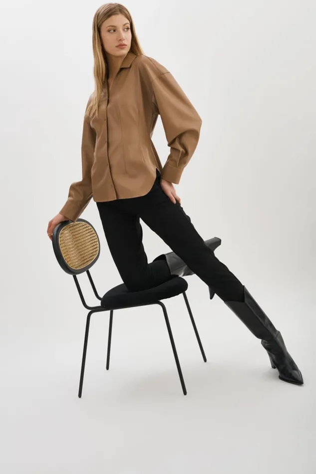 Women SKYLAR Faux Leather Shirt Mocha LAMARQUE Tops Women SKYLAR Faux Leather Shirt Mocha LAMARQUE Tops