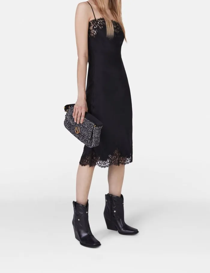 Women Sleeveless Lace Satin Midi Dress Black Stella McCartney Dresses