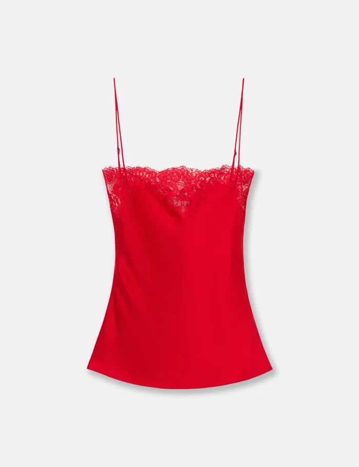 Women Sleeveless Lace Satin Top Lipstick Red Stella McCartney Shirts And Tops