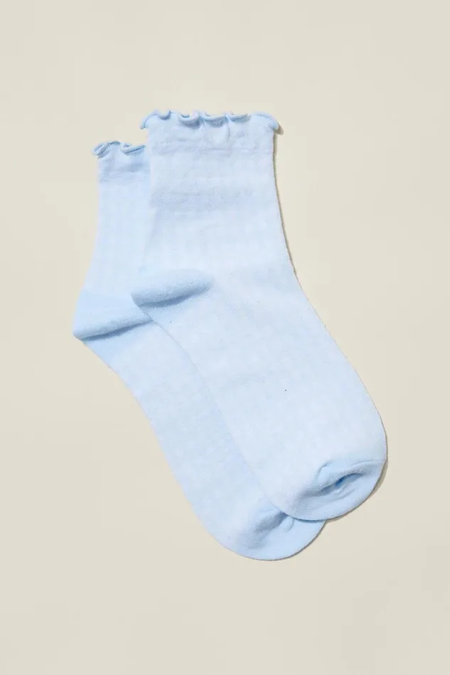Women Socks Cotton On Check Frill Quarter Crew Sock Light Blue