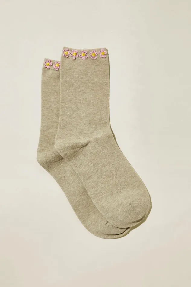 Women Socks Cotton On Floral Welt Crew Sock Pink Floralssage