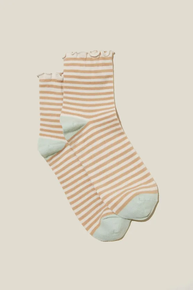 Women Socks Cotton On Stripe Quarter Crew Sock Coconutalmond Stripe